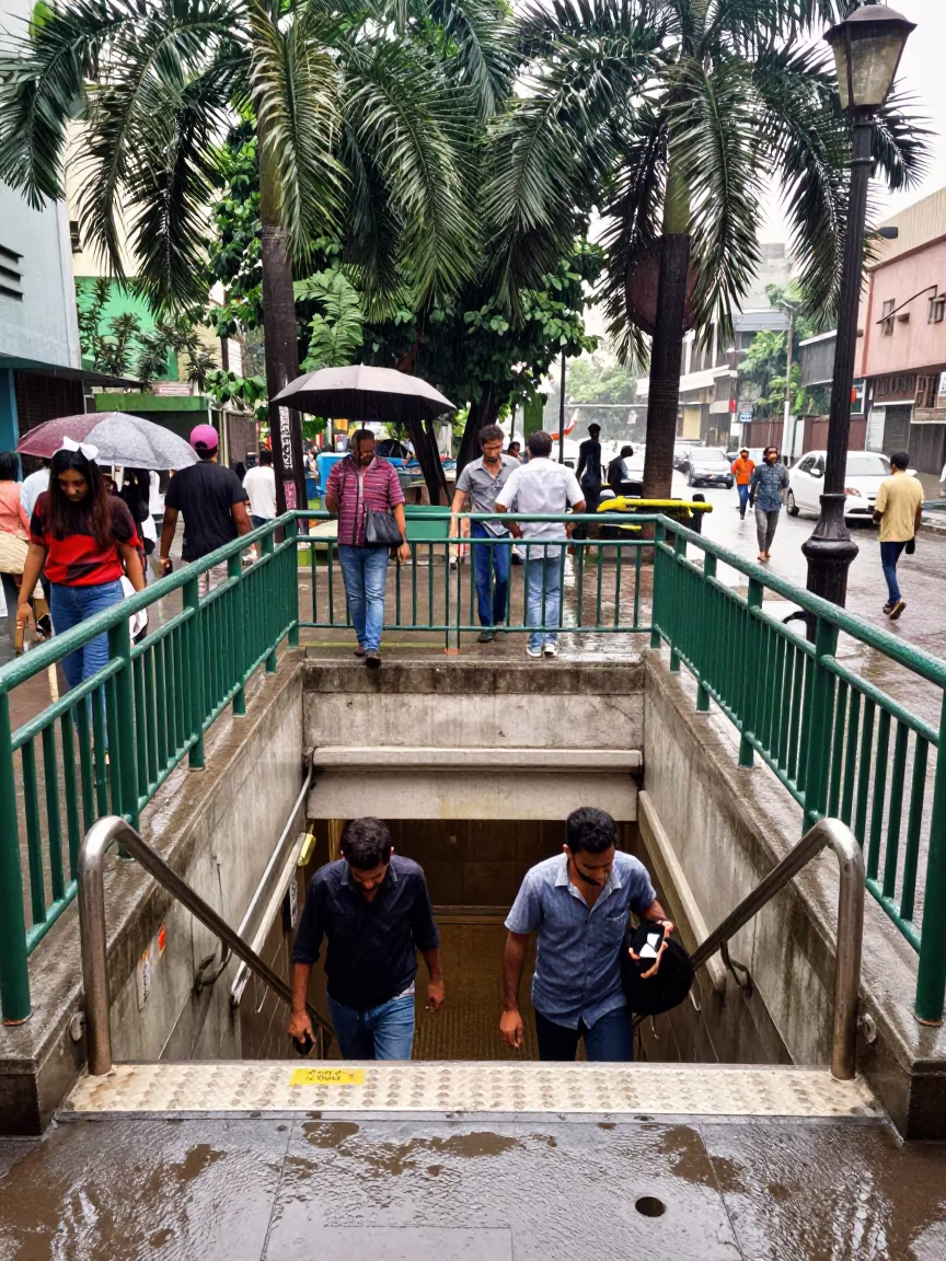 Karachi Commuters Down Rainy Metro Staircase in outside a metro entrance in Karachi