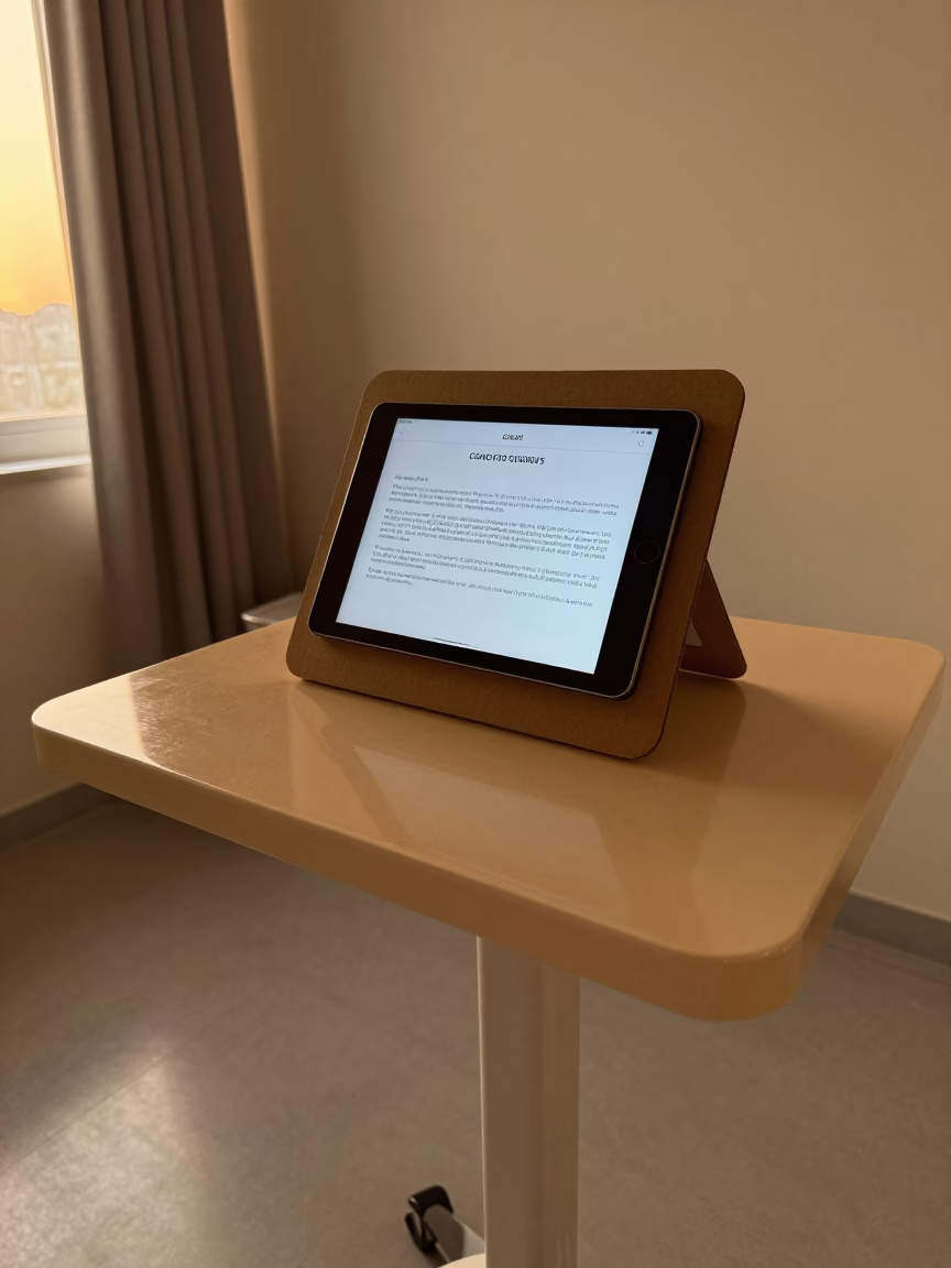 Karachi Consent Tablet Stand Evening Light in inside a skincare treatment room in Karachi