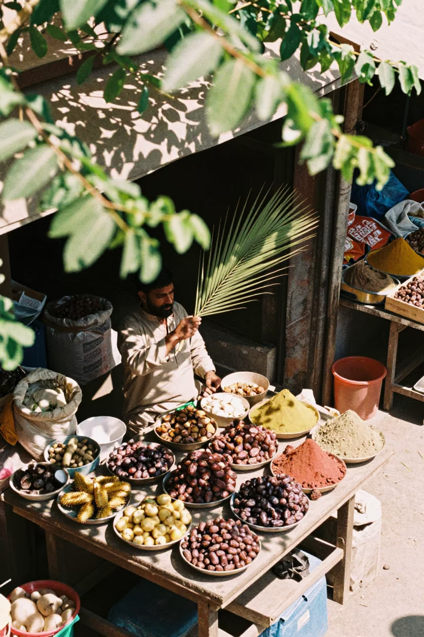 Karachi Market Vendor Fanning Flies from Dates in at a spice vendor's table in Karachi