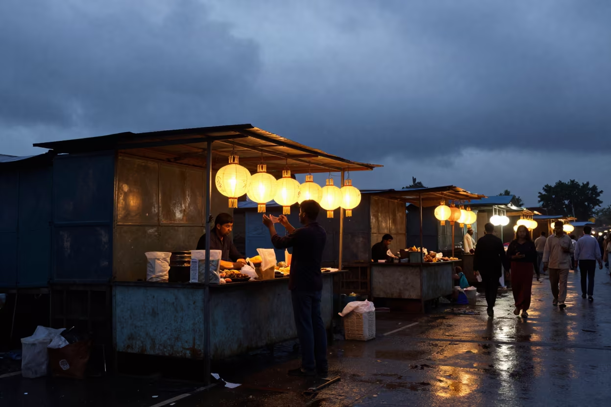 Karachi Night Market Lantern Stall Setup Blue Hour in at a night market in Karachi