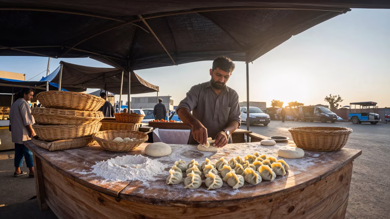 Karachi Pierogi Vendor Sunrise Market in under a market canopy in Karachi