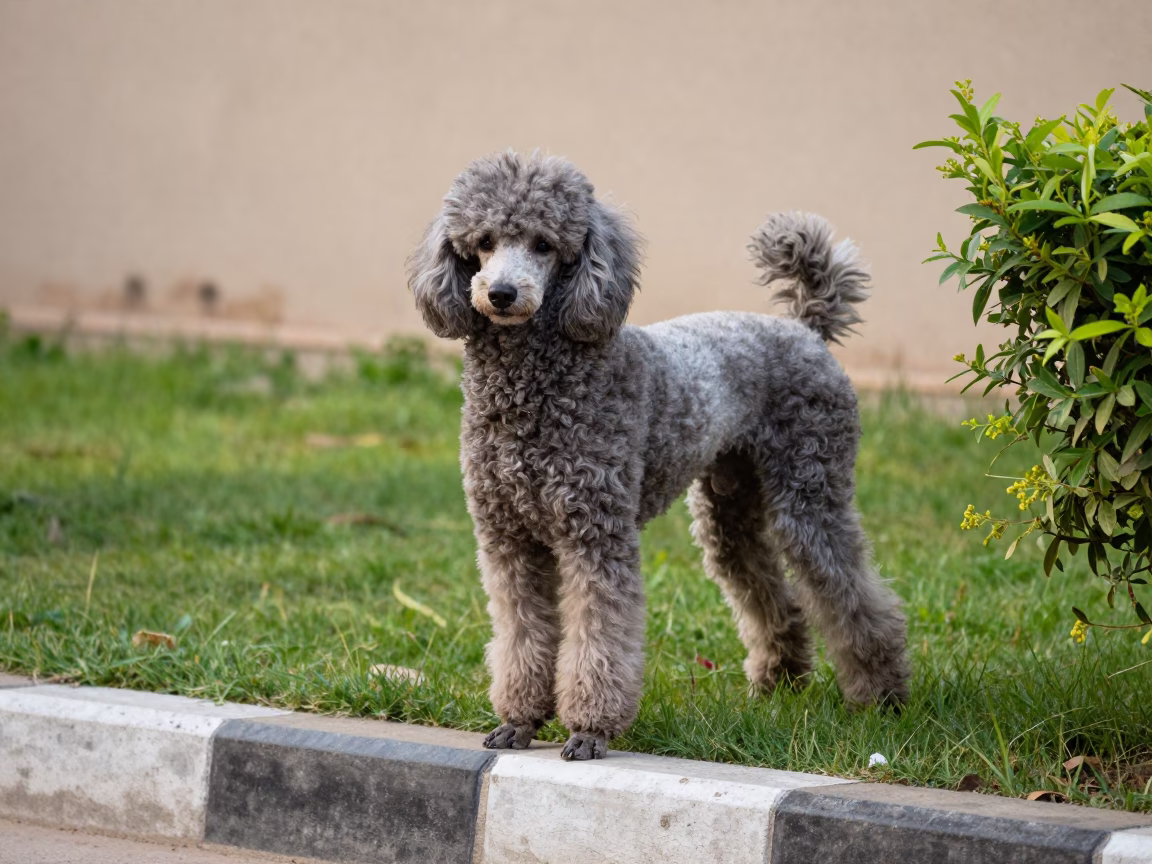 Karachi Poodle Portrait with Clipped Grass and Shrub in in a small yard with clipped grass, calm light, and the animal centered in frame in Karachi