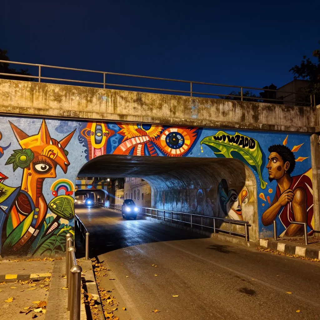 Karachi Underpass Mural Glow Midnight Scooter Light in outside a metro entrance in Karachi