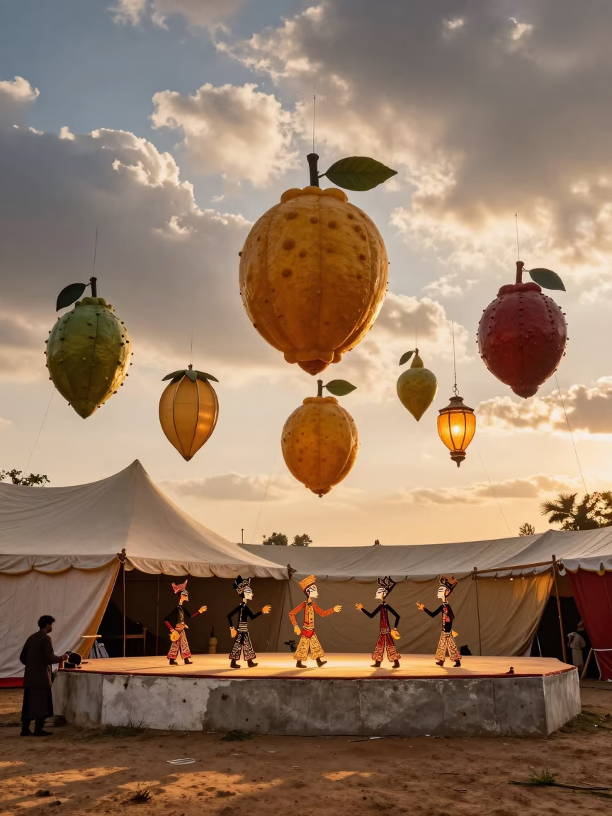 Karagoz Puppet Under Floating Lanterns in under a circus tent in Kollam