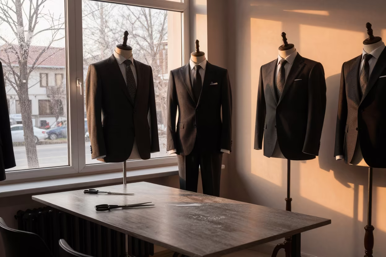 Karaman Tailoring Window Mannequins Copper Light in at a tailoring table strewn with chalk and shears in Karaman