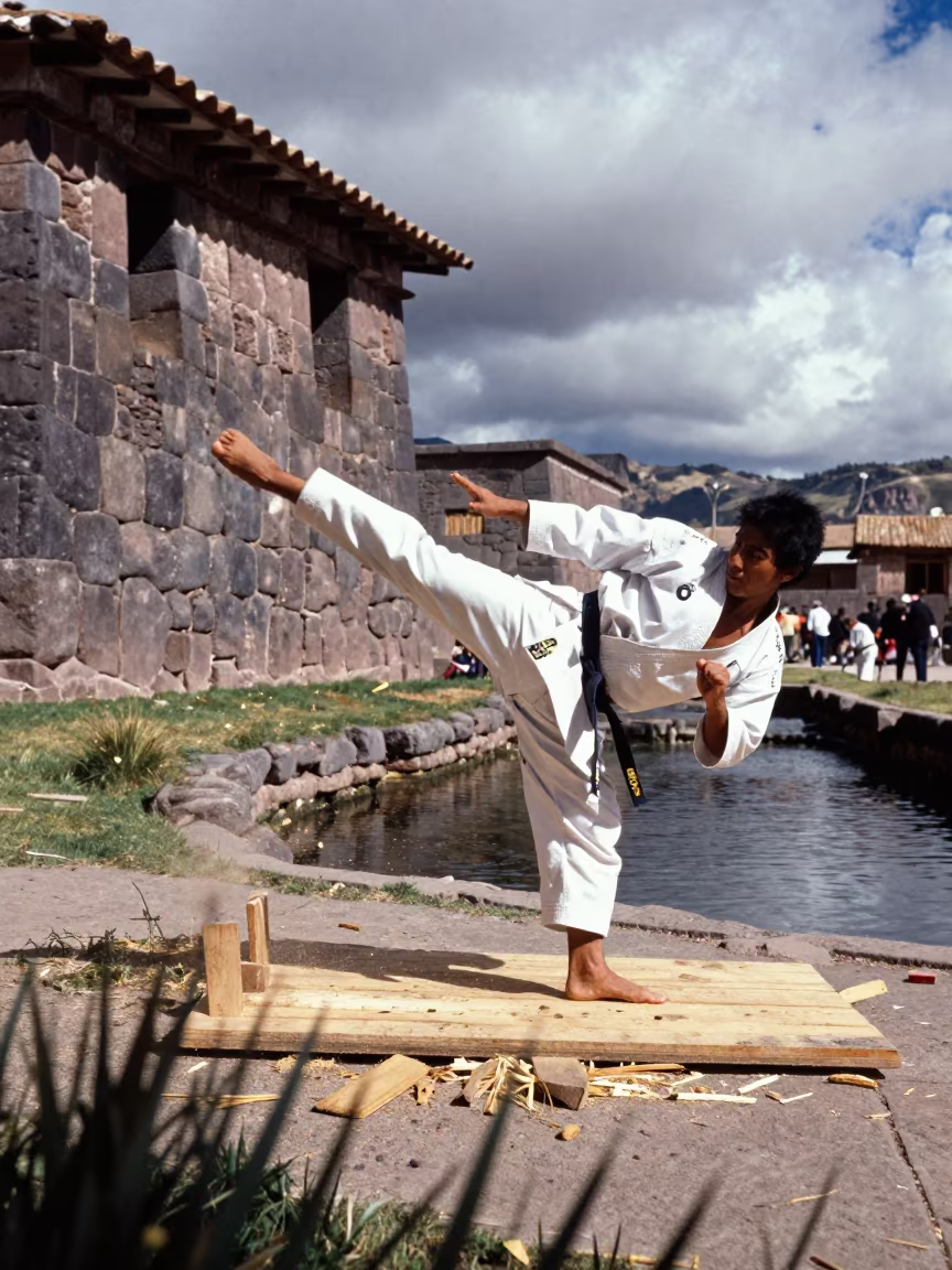 Karate Board Break Near Sacsayhuaman Canals in beside a canal in Sacsayhuaman, Cusco