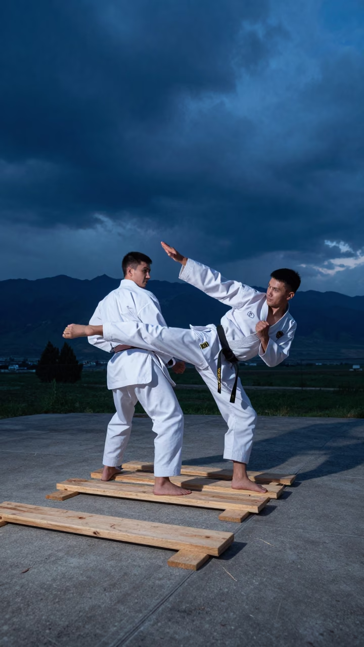 Karate Practitioner Breaking Boards in Almaty Evening in in Almaty