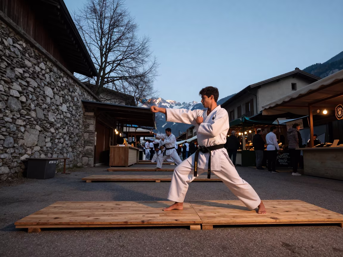 Karate Practitioner Breaking Boards in Chamonix in along a market lane in Chamonix