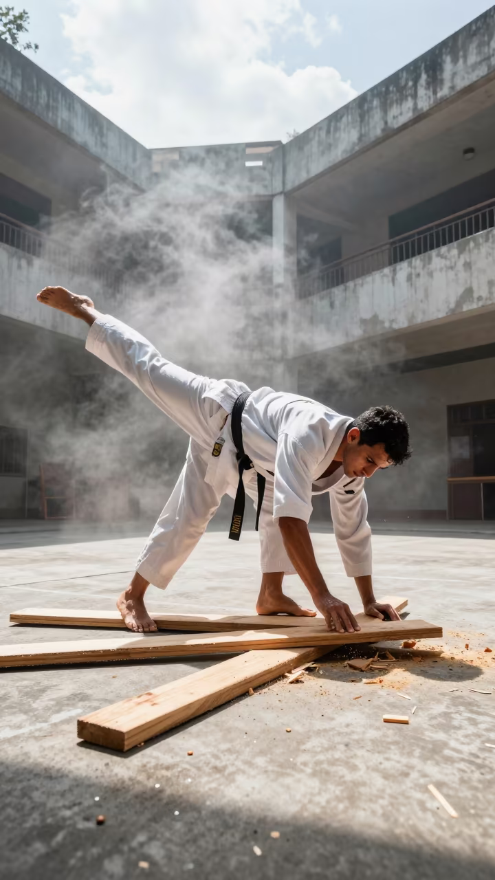 Karate Strike Breaks Boards in Medellín Noon Mist in in Medellín