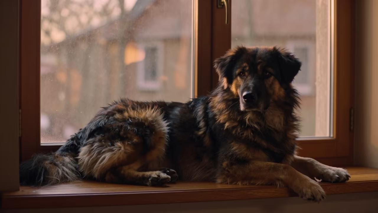 Karelian Bear Dog on Window Seat at Golden Hour in on a window seat in a quiet apartment with soft side light in La Romana
