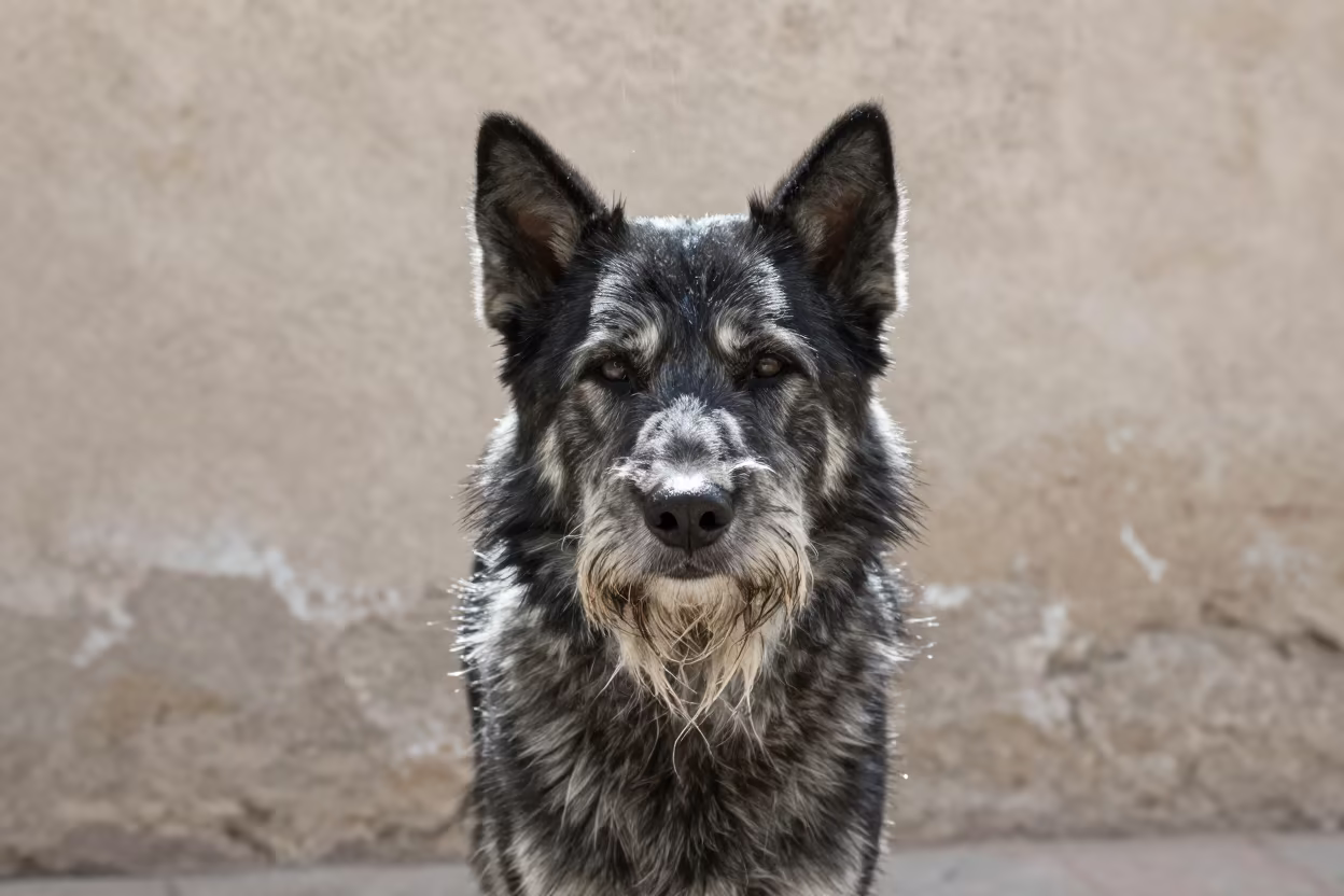 Karelian Bear Dog Portrait Al Hudaydah Courtyard in beside a plain courtyard wall in clear daylight with the animal at eye level in Al Hudaydah