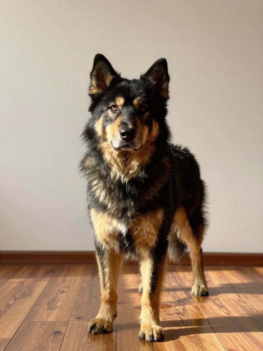 Karelian Bear Dog Portrait in Acapulco Studio in in a quiet portrait studio with a plain backdrop and eye-level framing in Acapulco de Juárez