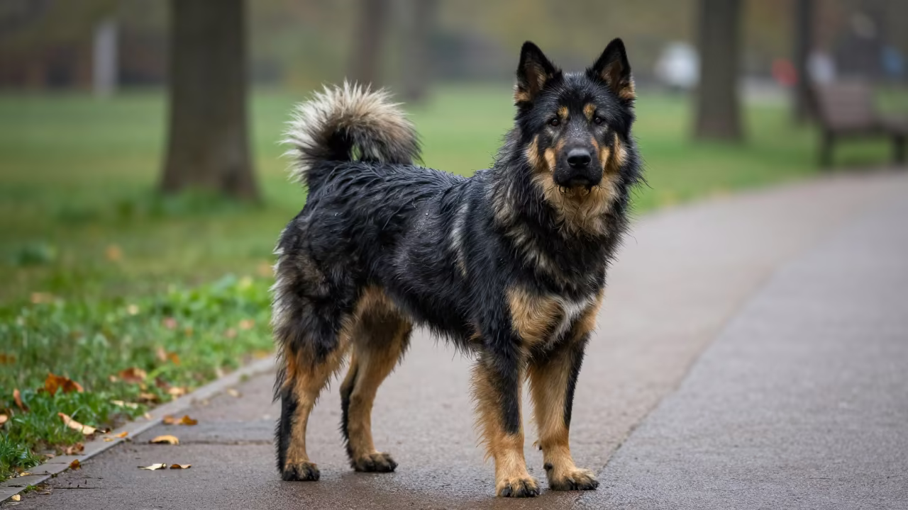 Karelian Bear Dog Portrait in Early Winter Shade in along a quiet park path with soft open shade and a clean background in Mansoura