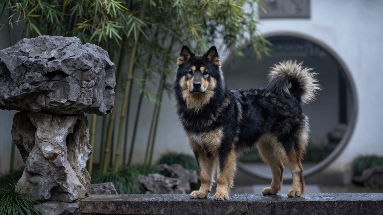 Karelian Bear Dog Portrait in Suzhou Garden Morning in near a garden edge with soft morning light and an uncluttered background in Suzhou