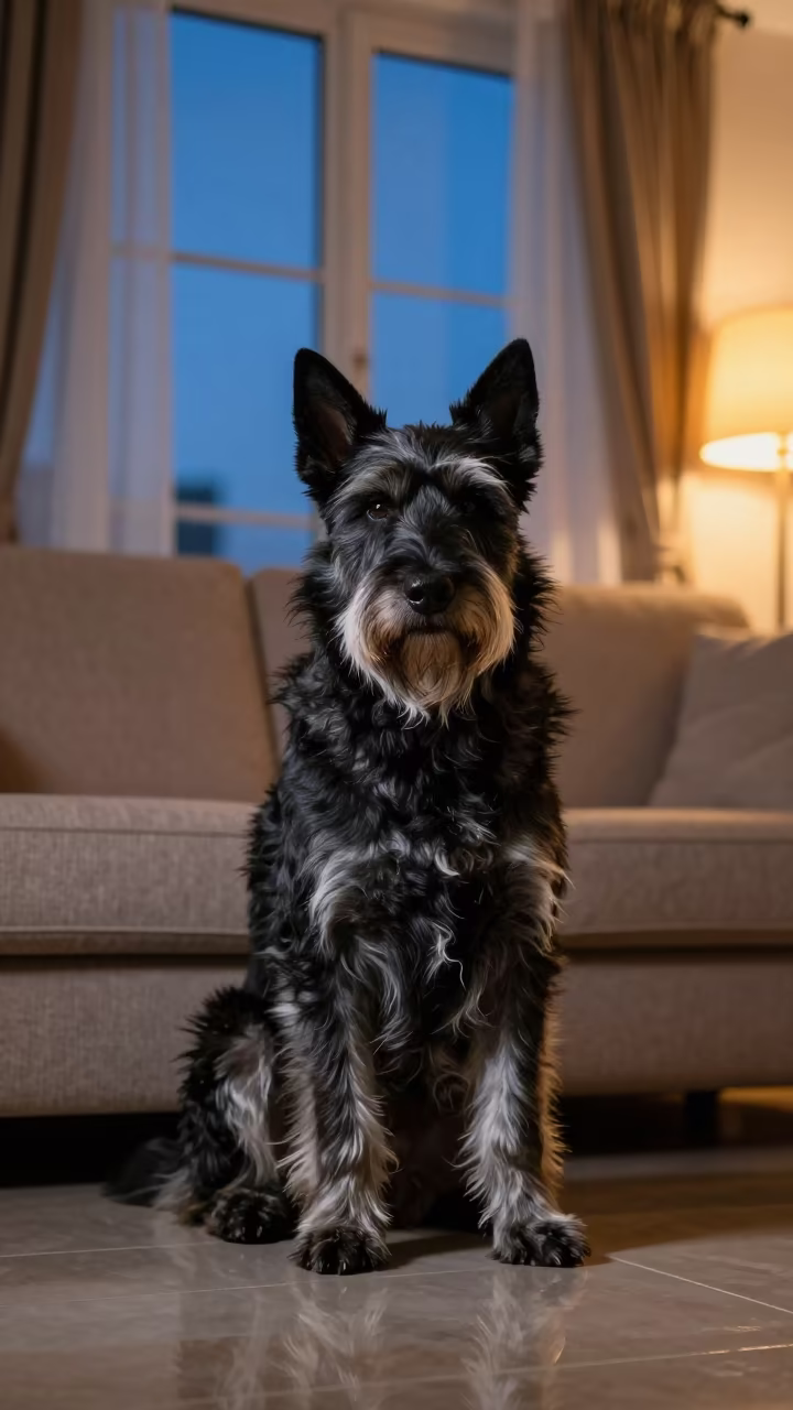 Karelian Bear Dog Portrait on Sofa in on a sofa near a curtained window with calm indoor light in Aleppo