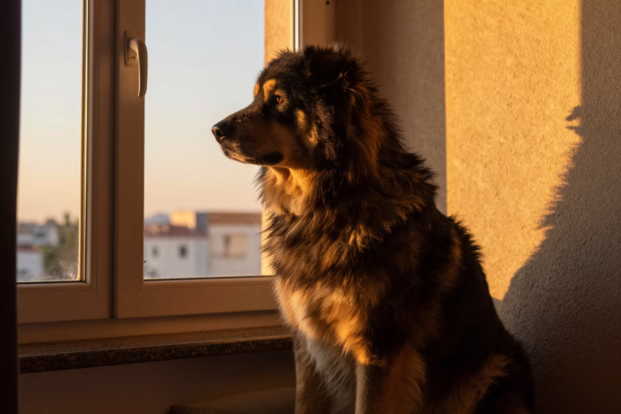 Karelian Bear Dog Portrait on Window Seat in on a cushioned window seat with soft side light and an uncluttered background in Cumaná