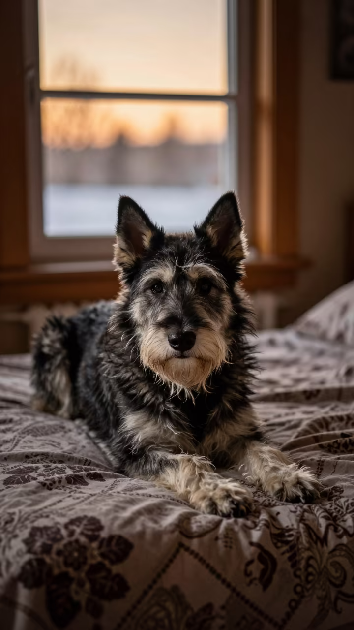 Karelian Bear Dog Resting in Herat Evening Light in on a bedspread near a bright window with calm indoor light in Herat