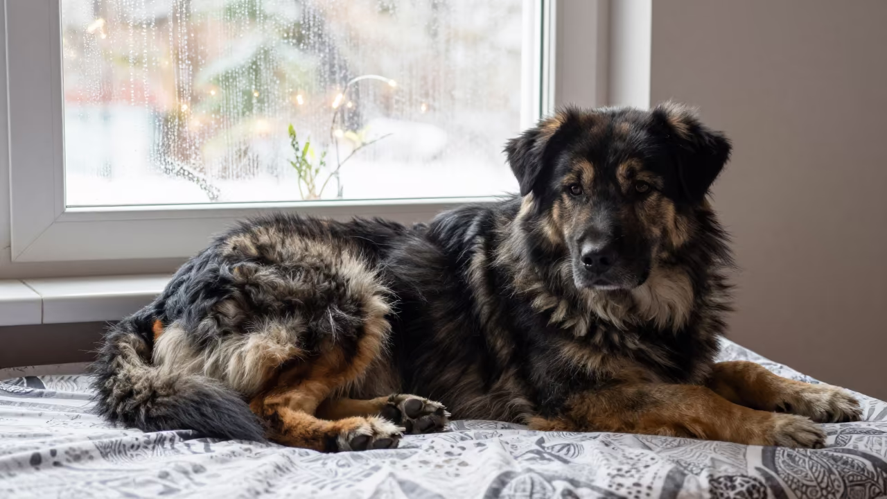 Karelian Bear Dog Resting on Bedspread Near Window in on a bedspread near a bright window with calm indoor light in Barquisimeto
