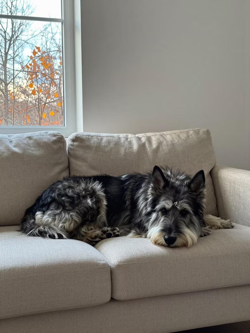 Karelian Bear Dog Resting on Linen Sofa at Dawn in on a linen sofa with daylight from a nearby window in Vehari