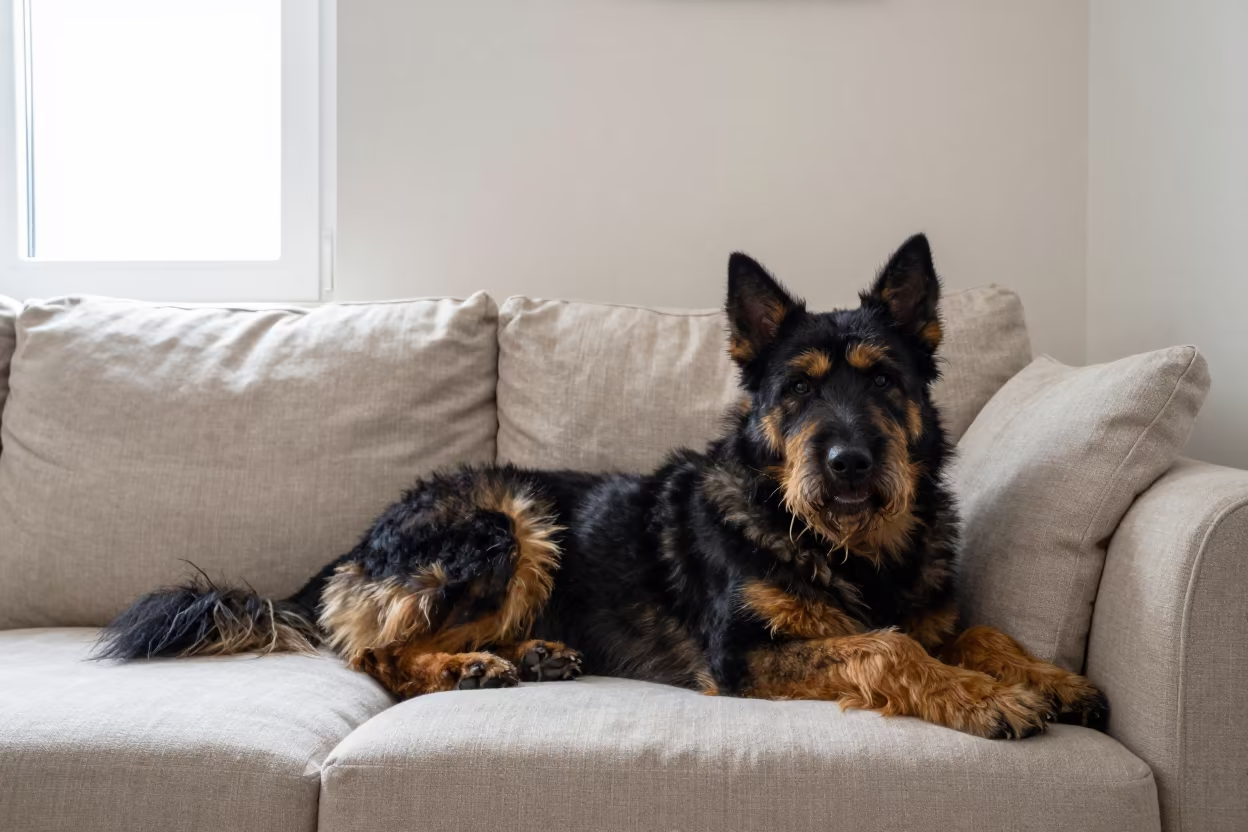 Karelian Bear Dog Resting on Linen Sofa in on a linen sofa with daylight from a nearby window in Darakeh, Tehran