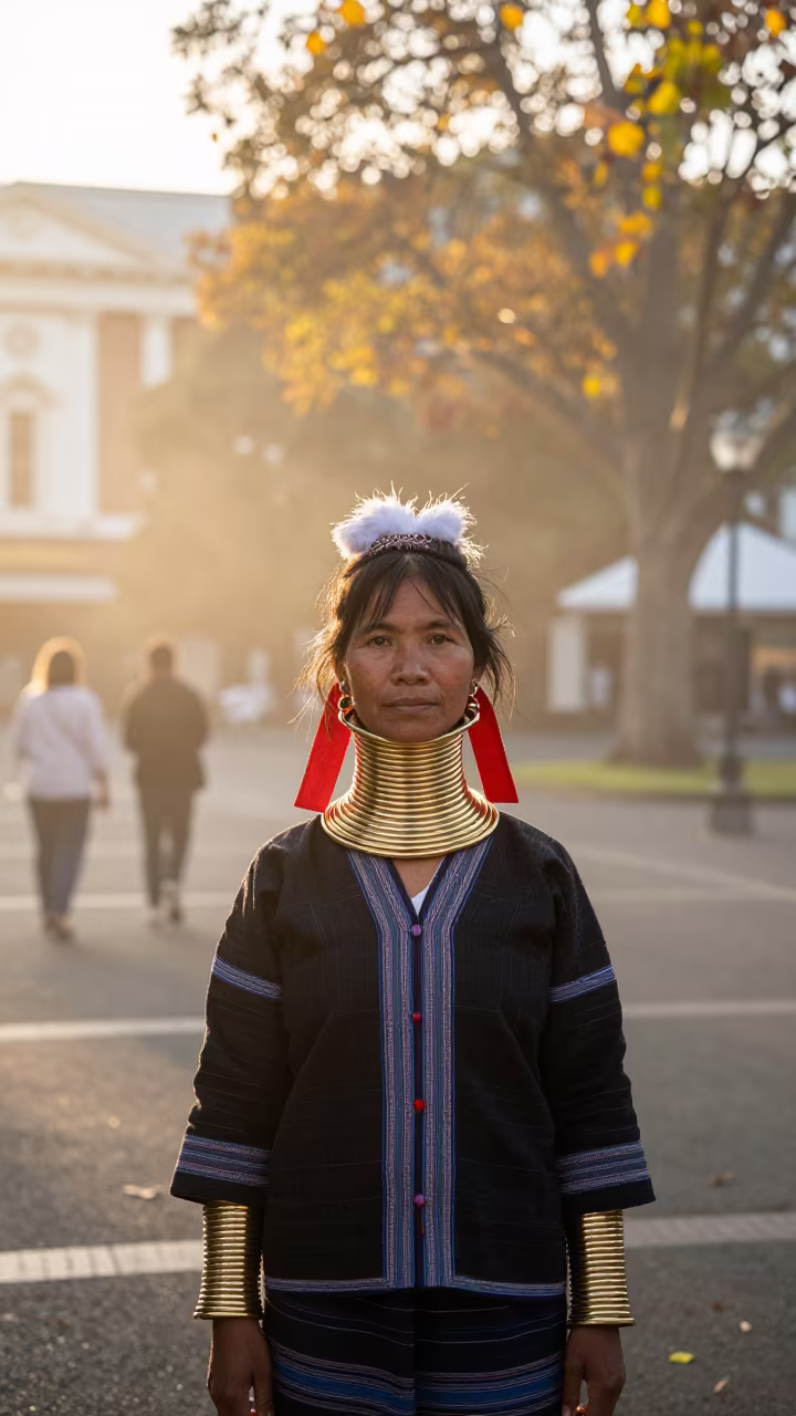 Karen Woman in Brass Rings Auckland Square in at a public square in Auckland