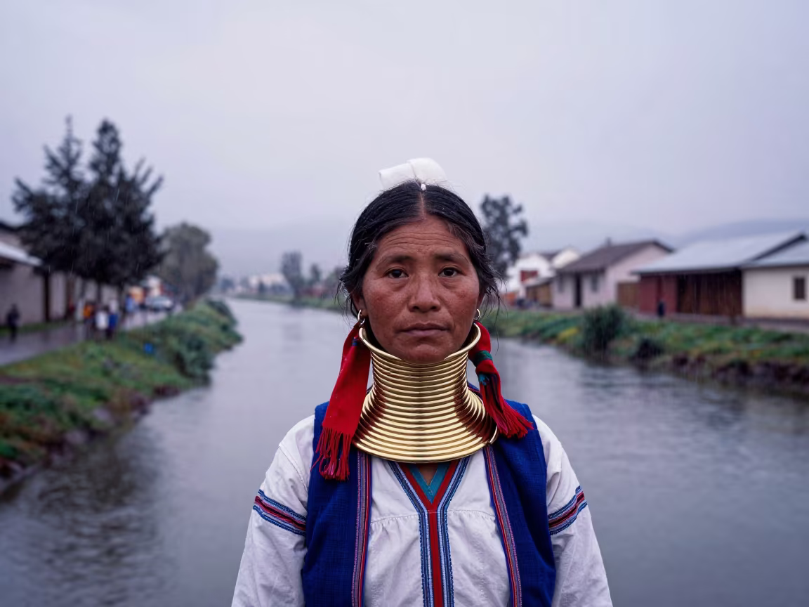 Karen Woman with Brass Rings by Canal in beside a canal in Arequipa