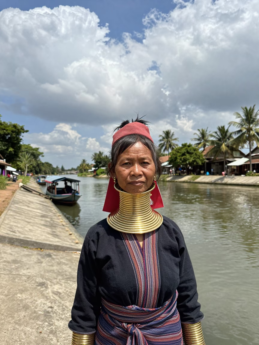 Karen Woman with Brass Rings by Canal in beside a canal in Rosetta
