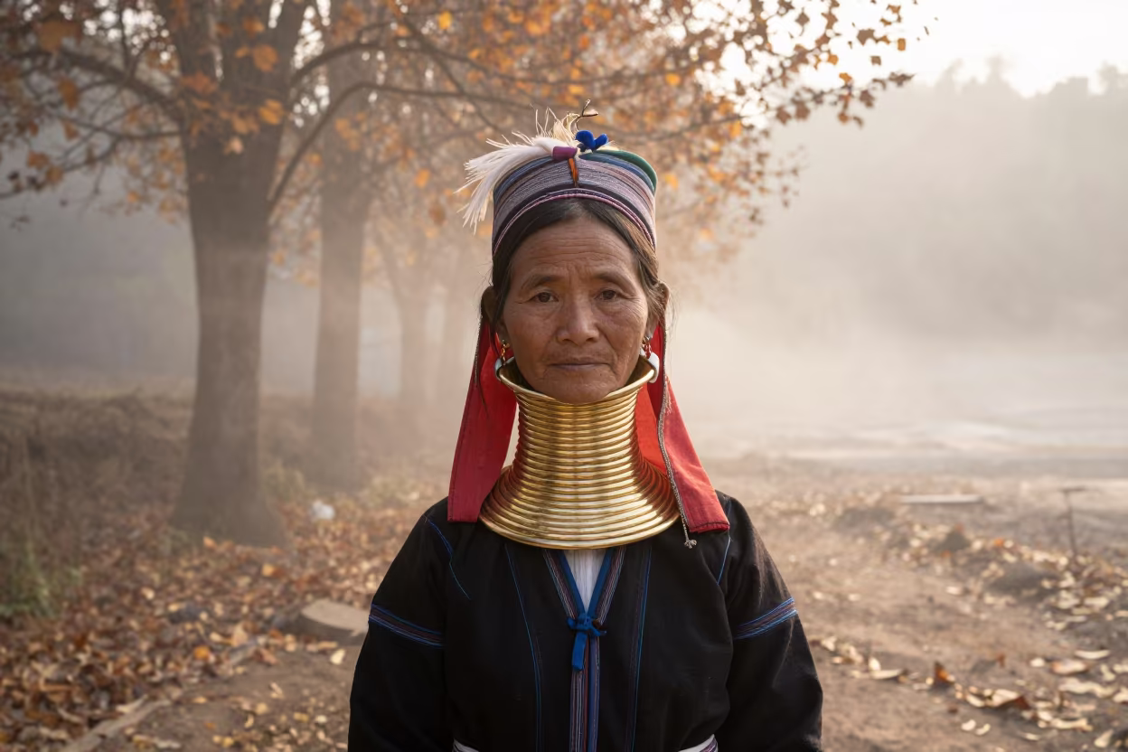 Karen Woman in Brass Rings at Dusk in near Chongqing
