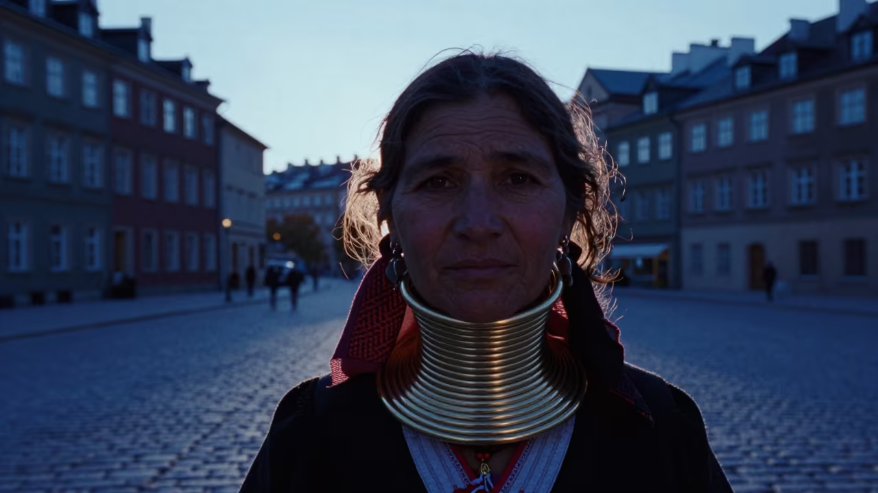 Silhouette of Karen Woman with Brass Rings in Warsaw in in the old quarter in Warsaw
