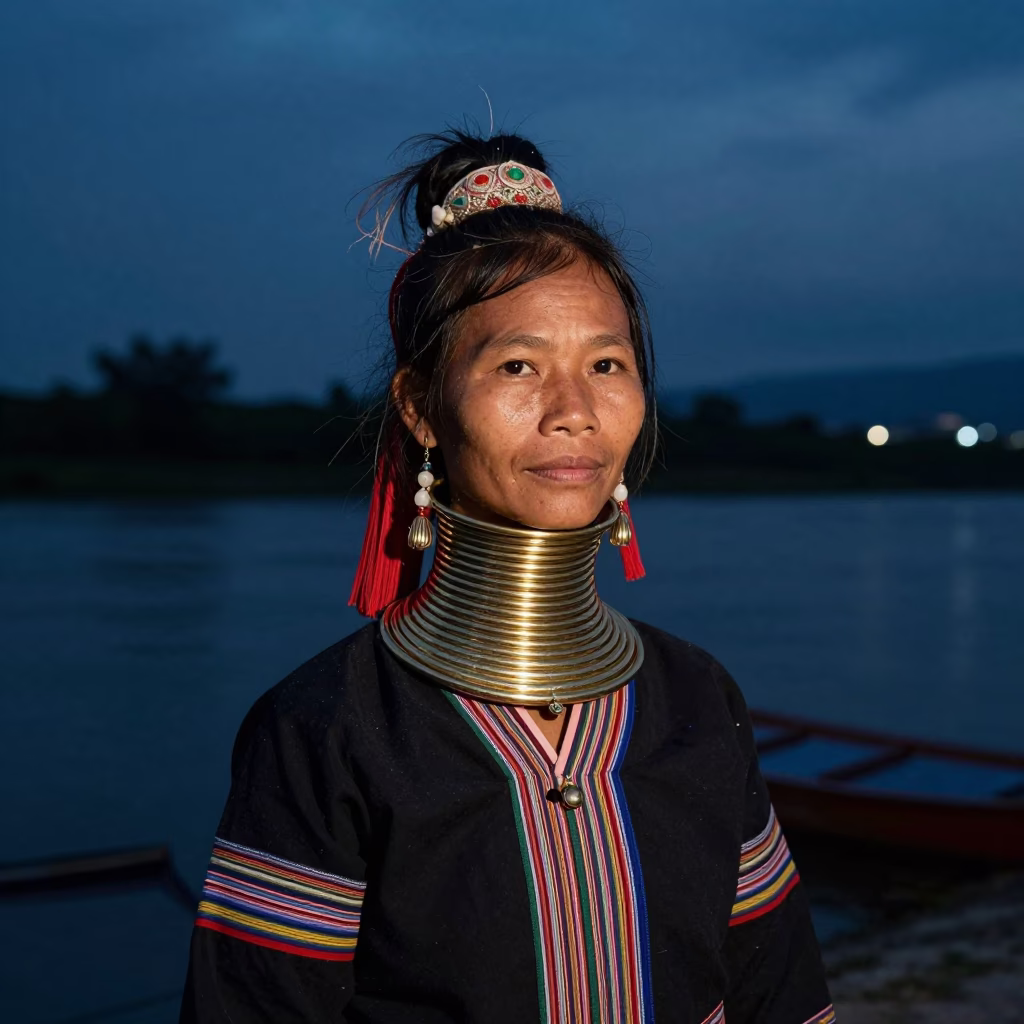 Karen Woman Neck Rings Osaka Night Portrait in near a riverside landing in Osaka