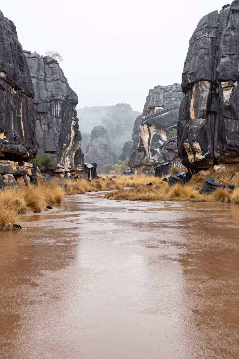 Karst Towers in Kenyan Valley Mist in across a wide valley floor in Kenya