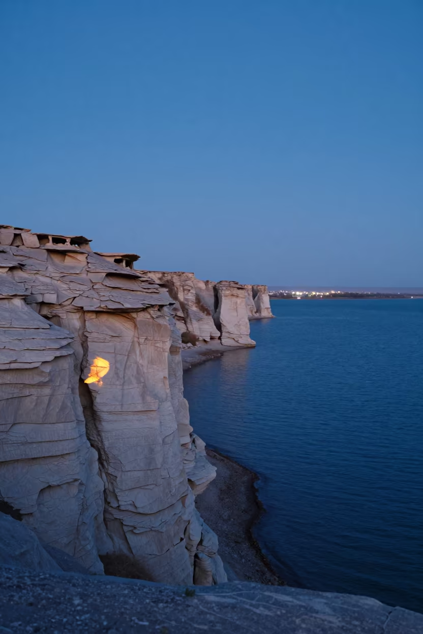 Karst Towers Along Wave-Cut Shoreline at Dusk in along a wave-cut shoreline near Kokand