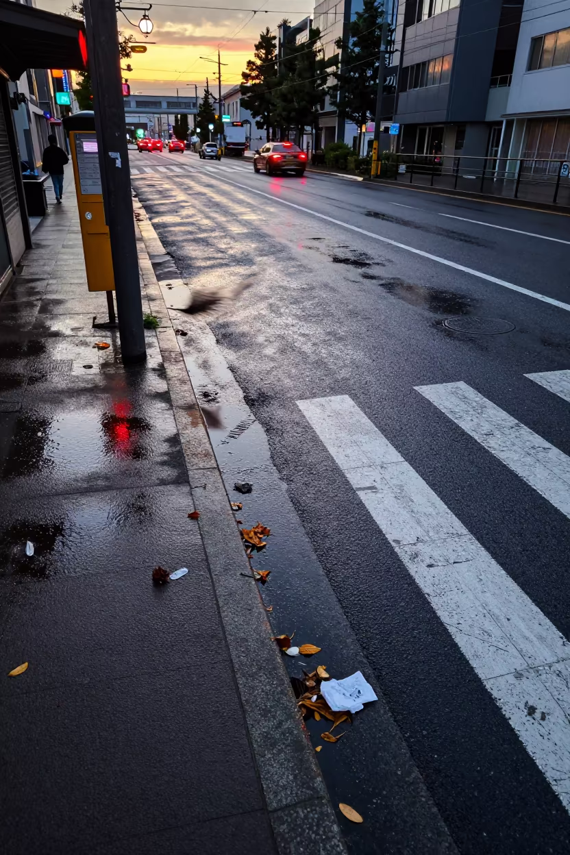 Kasane Tram Stop Crosswalk Monsoon Reflections in at a tram stop in Kasane
