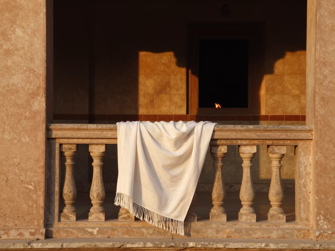 Kashmir Pashmina Shawl on Stone Balcony in inside a tiled stair hall near Muhanga