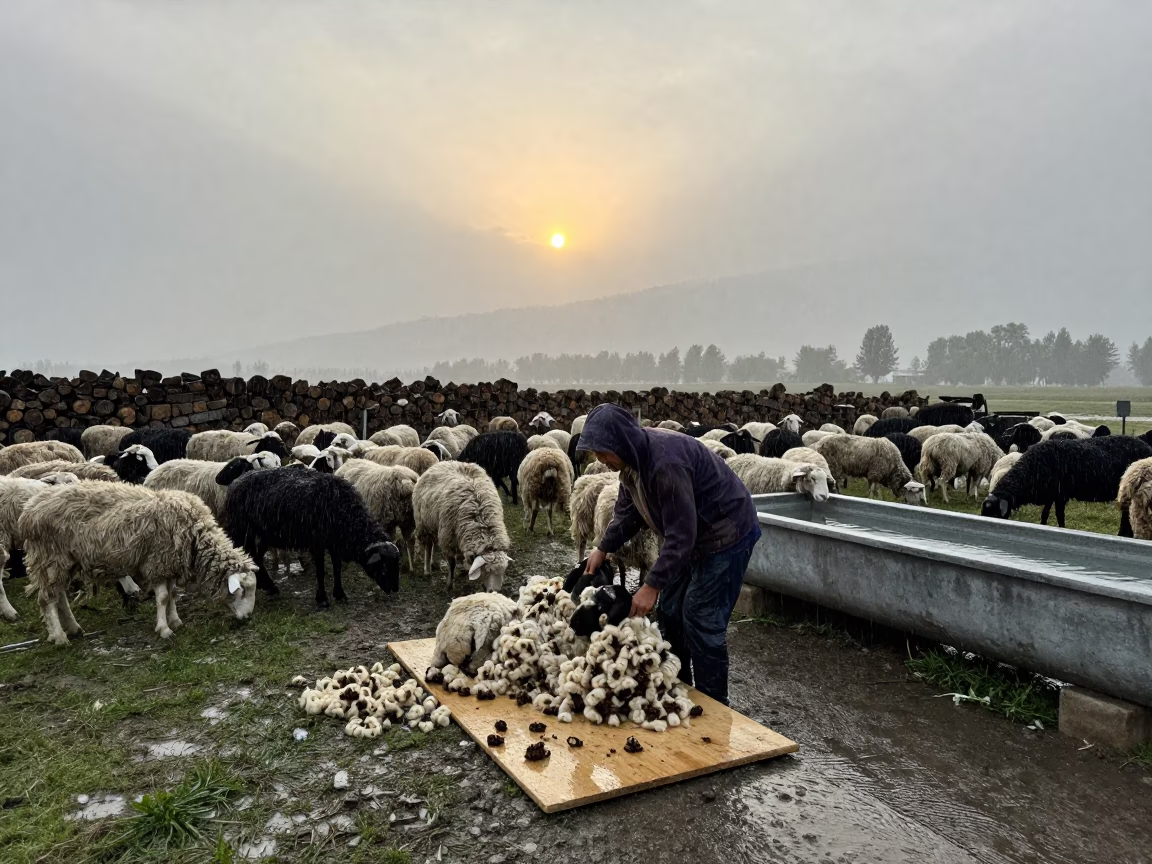 Kashmir Sheep Shearing at Dawn During Monsoon Shower in near a windbreak and water trough in Kashmir