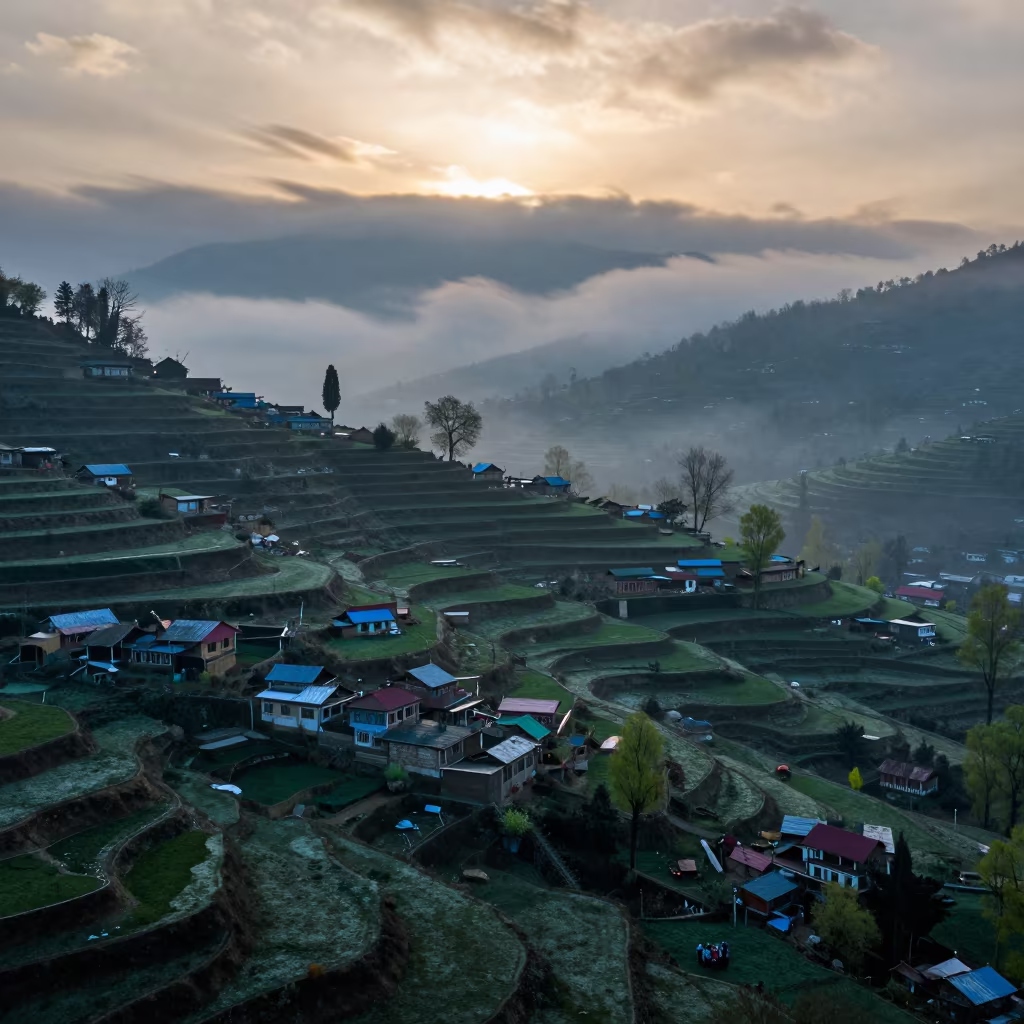 Kashmir Village Silhouettes in Spring Fog in beneath fast-moving cloud bands in Kashmir