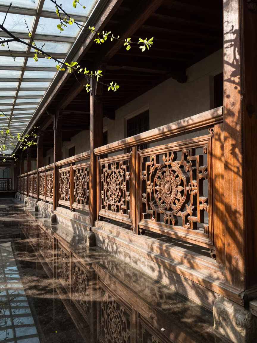 Kashmir Wooden Balcony Reflections Chengdu Arcade in inside a glass-roofed arcade near Chunxi Road, Chengdu