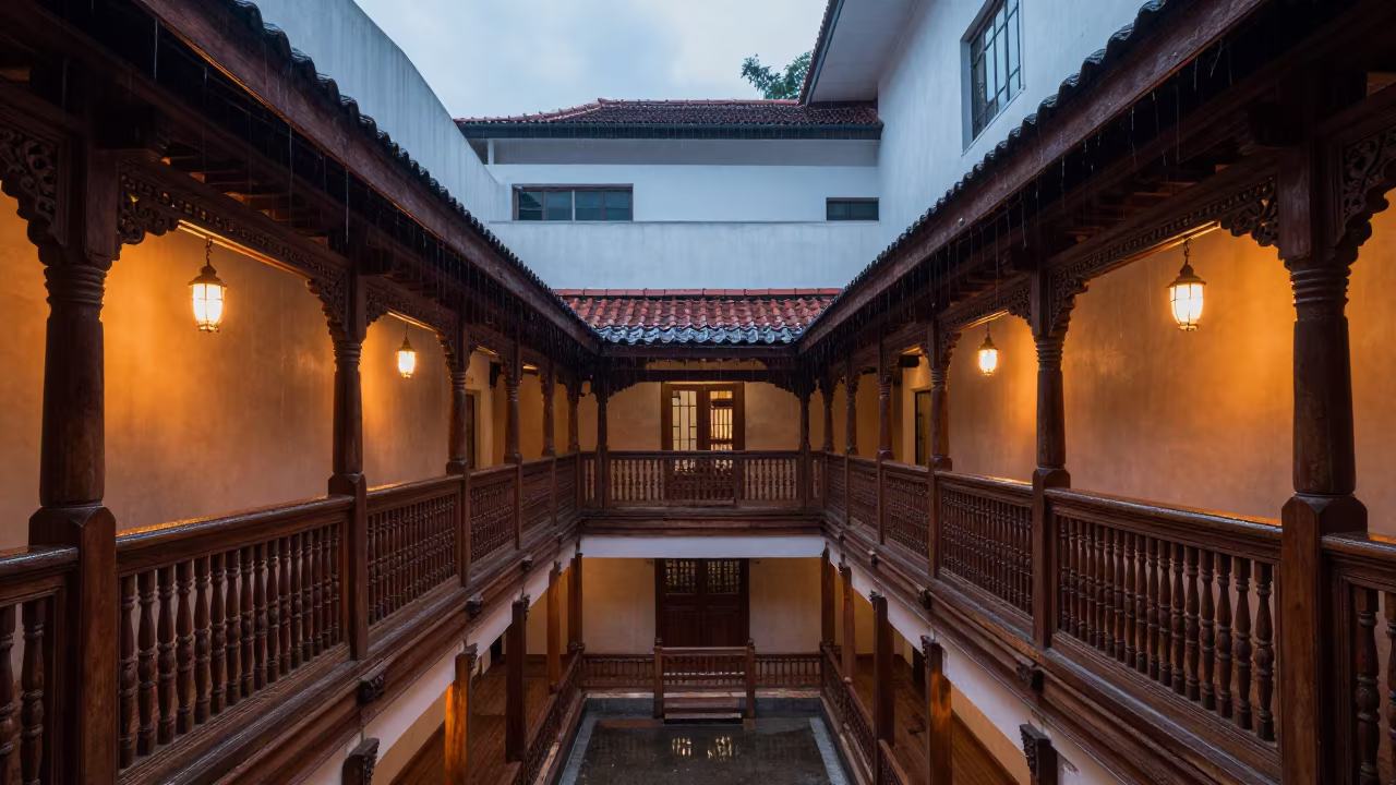 Carved Kashmiri Balcony in Singapore Atrium Twilight in inside a vaulted atrium near Singapore