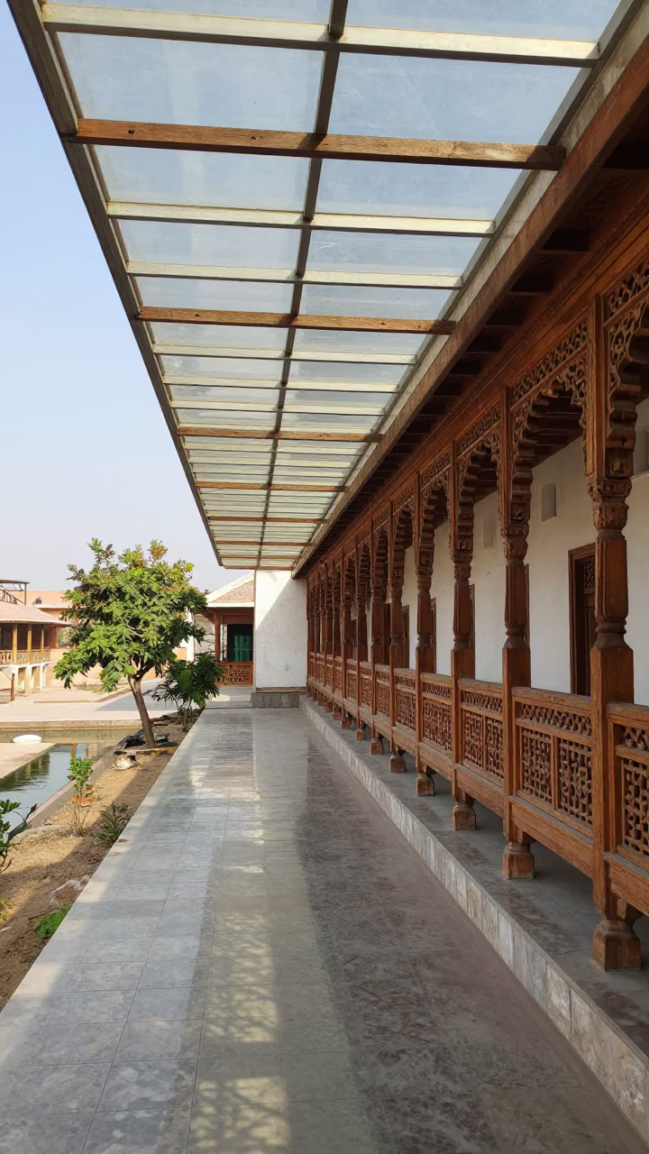 Carved Kashmiri Balcony in Glass Arcade Near Jos in inside a glass-roofed arcade near Jos