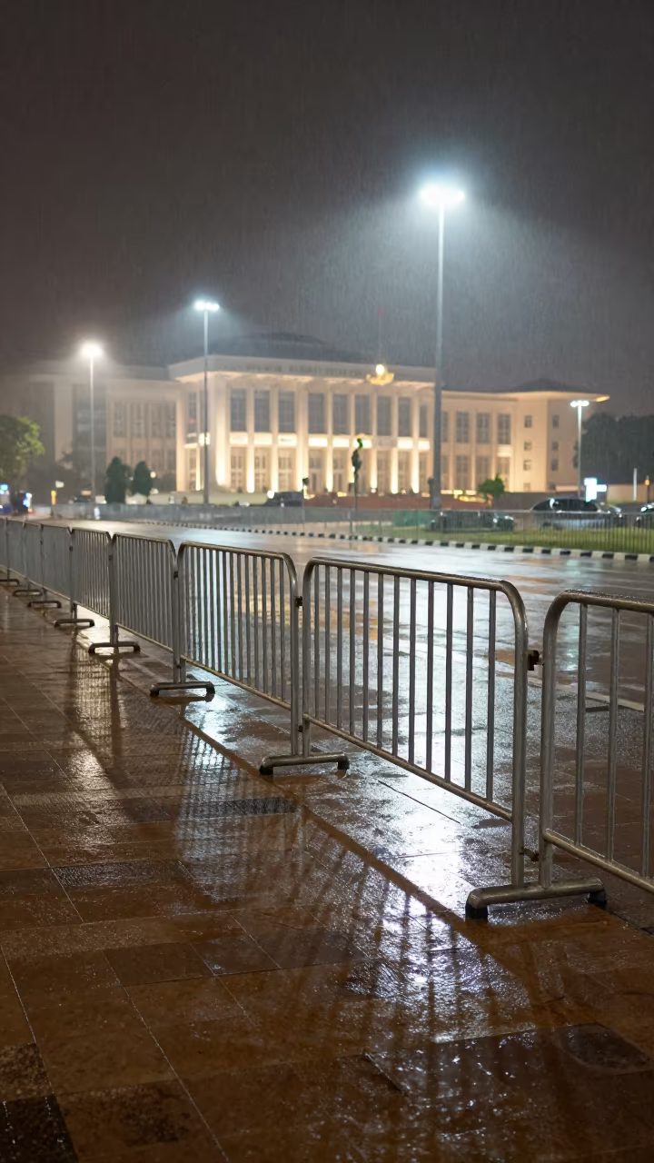 Kassala Plaza Barricade Line Under Night Floodlights in beneath government building floodlights in Kassala
