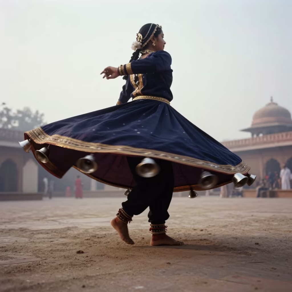 Kathak Dancer Ankles Blurring in Dawn Mist in near Delhi