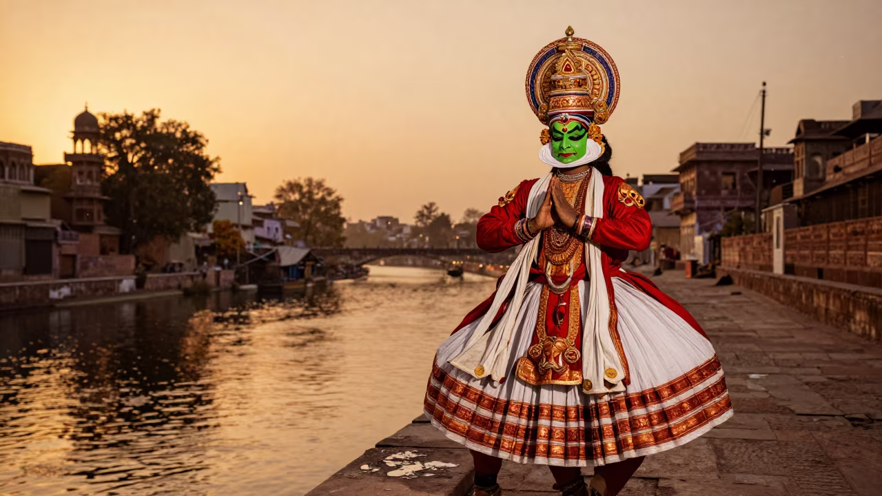 Kathakali Dancer in Green Makeup by Jodhpur Canal in beside a canal in Jodhpur