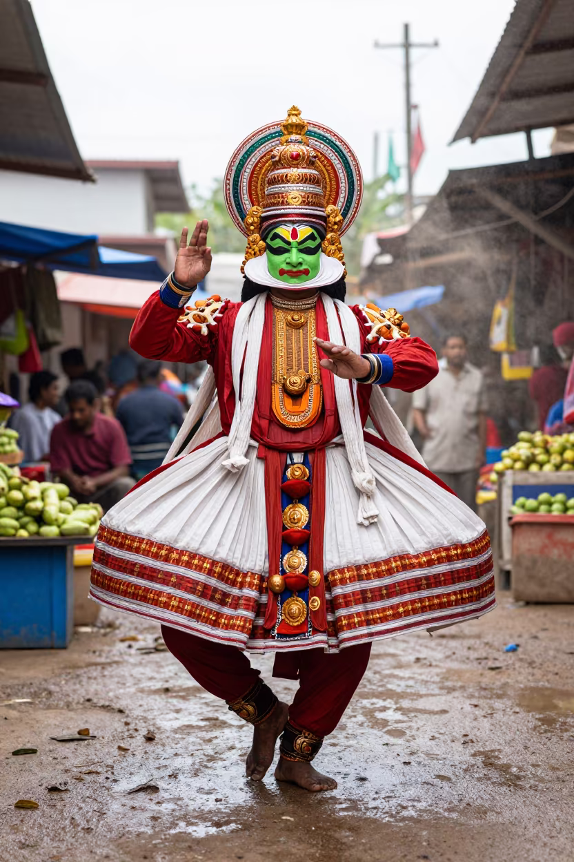 Kathakali Dancer in Wet Season Market Lane in along a market lane in Retalhuleu