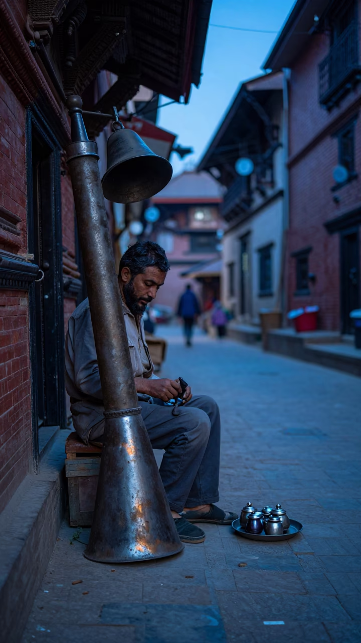 Kathmandu blue hour street scene with bellows and tea tray in in Kathmandu, Nepal