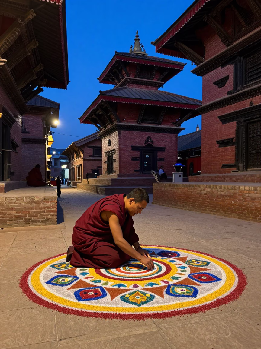 Kathmandu Blue Hour Street Scene with Buddhist Sand Mandala and Local Life in in Kathmandu, Nepal