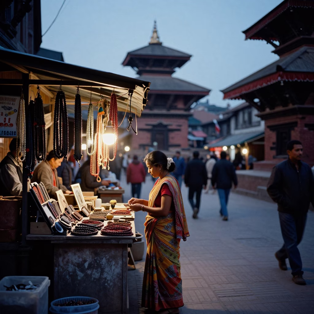 Kathmandu Blue Hour Street Scene with Prayer Beads and Local Market Activity in in Kathmandu, Nepal