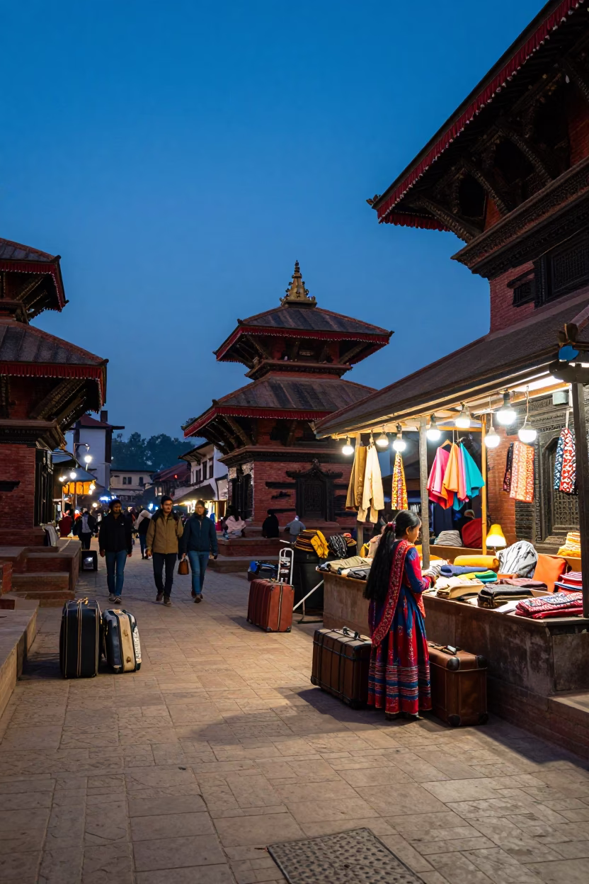 Kathmandu Blue Hour Street Scene with Suitcases and Traditional Architecture in in Kathmandu, Nepal