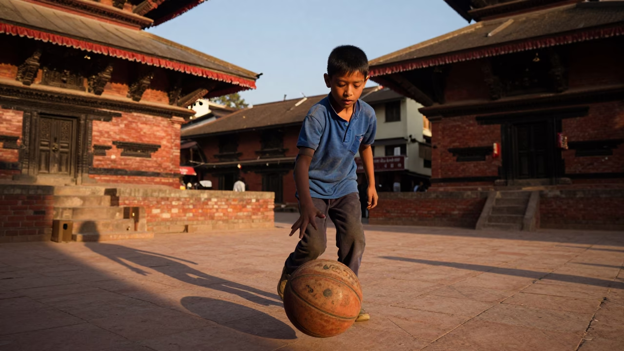 Kathmandu Child Playing at Honeyed Evening Light in in Kathmandu, Nepal