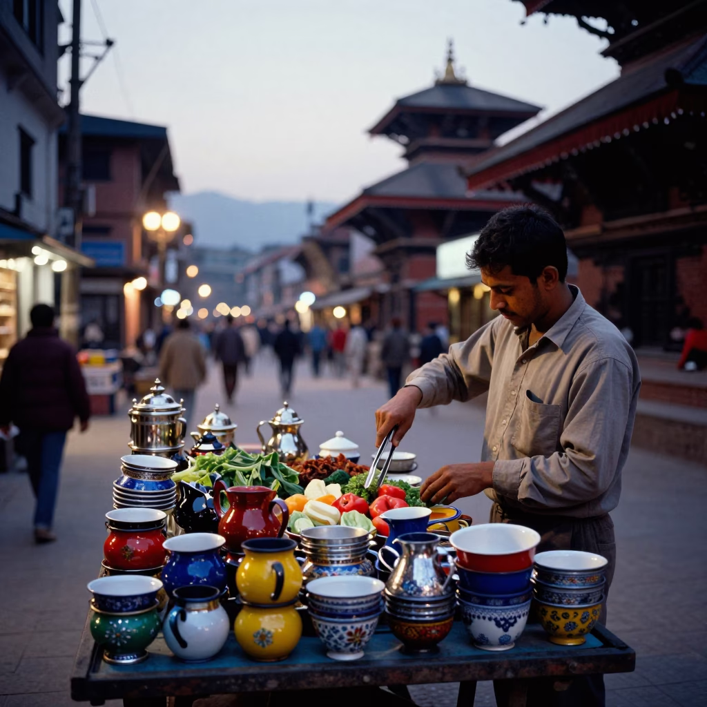 Kathmandu Evening Street Scene with Colorful Enamelware and Local Dining in in Kathmandu, Nepal