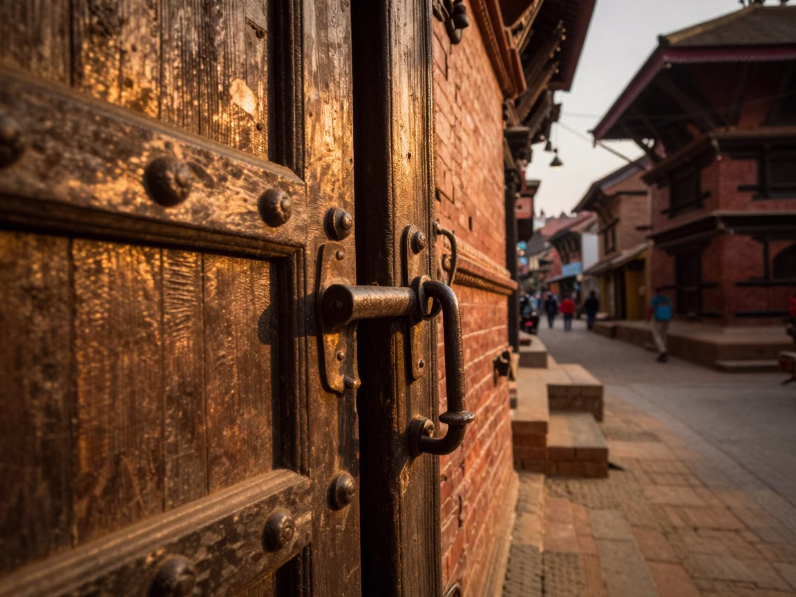 Kathmandu Evening Street Scene with Iron Door Hardware and Glass Sill in in Kathmandu, Nepal